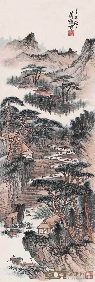 萧愻 1942年作 松林远钟 立轴 84×28.3cm
